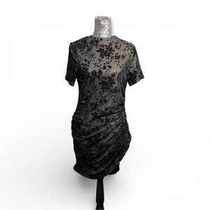 Whimsigoth Black Burnout Velvet Sheer Mini Ruched Mesh Bodycon Dress XL Party